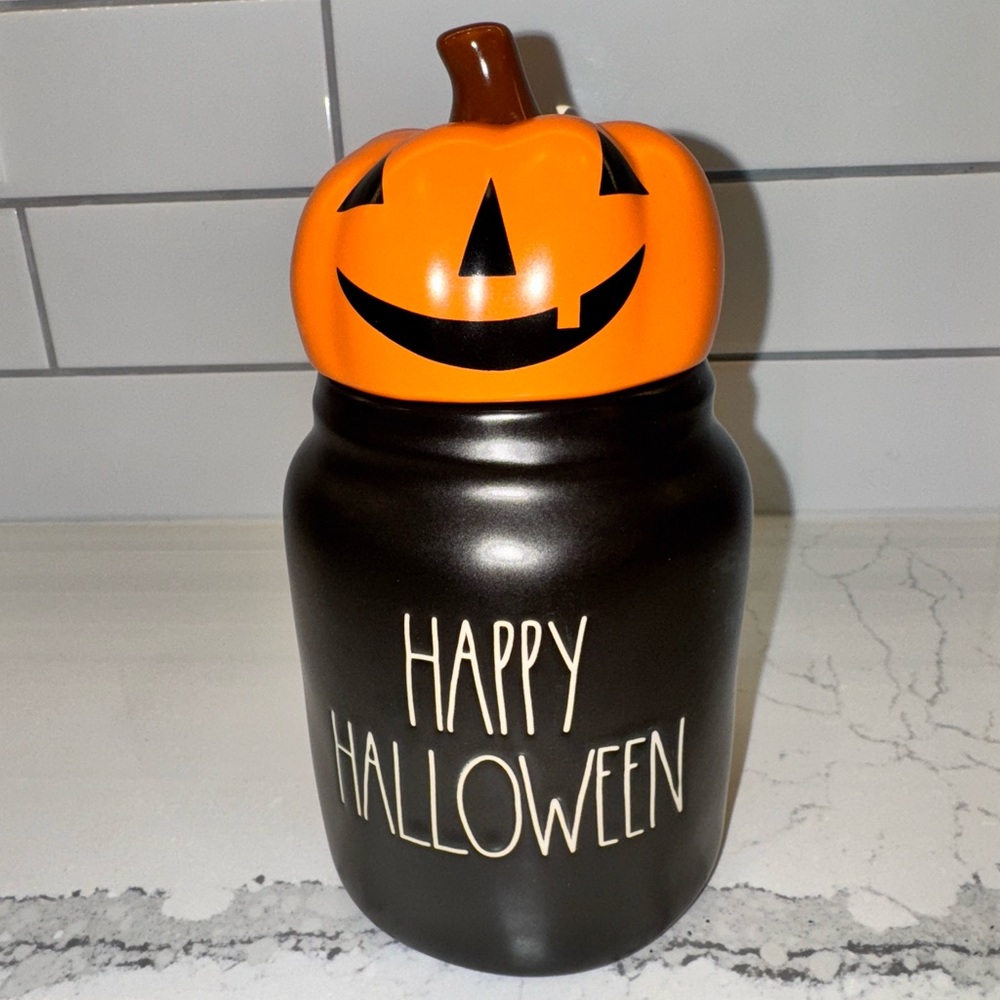 Rae Dunn Black and Orange Halloween Pumpkin Jar
